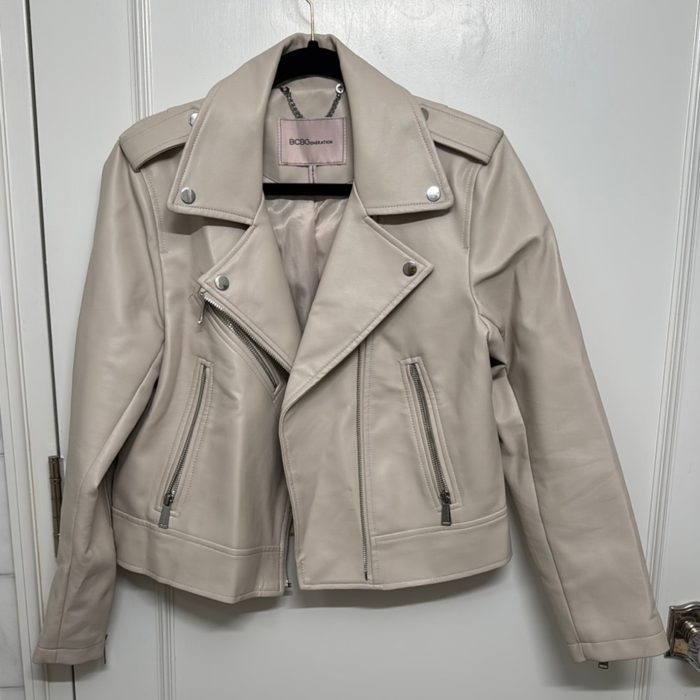 BCBGeneration Cream Leather Jacket Asymmetrical Design